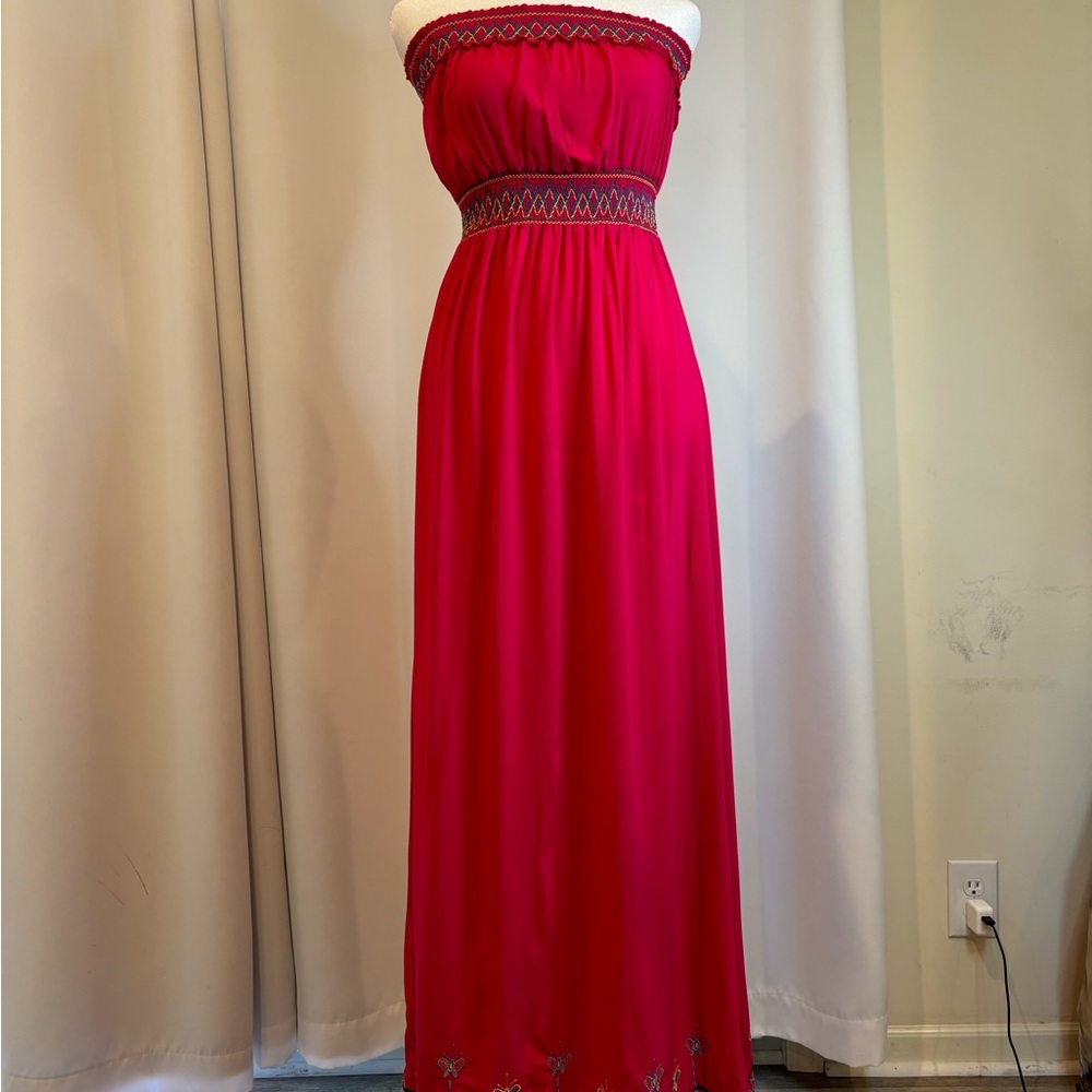 Hot pink long multicolored embroidered dress. Worn one time. Small.